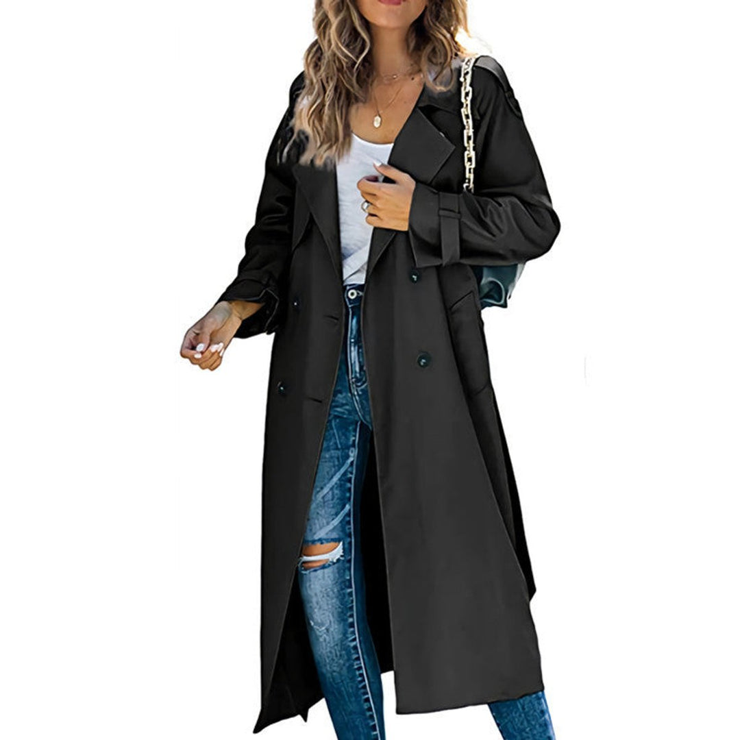 Women's Longline Double-Breasted Trench Coat with Tab Cuffs