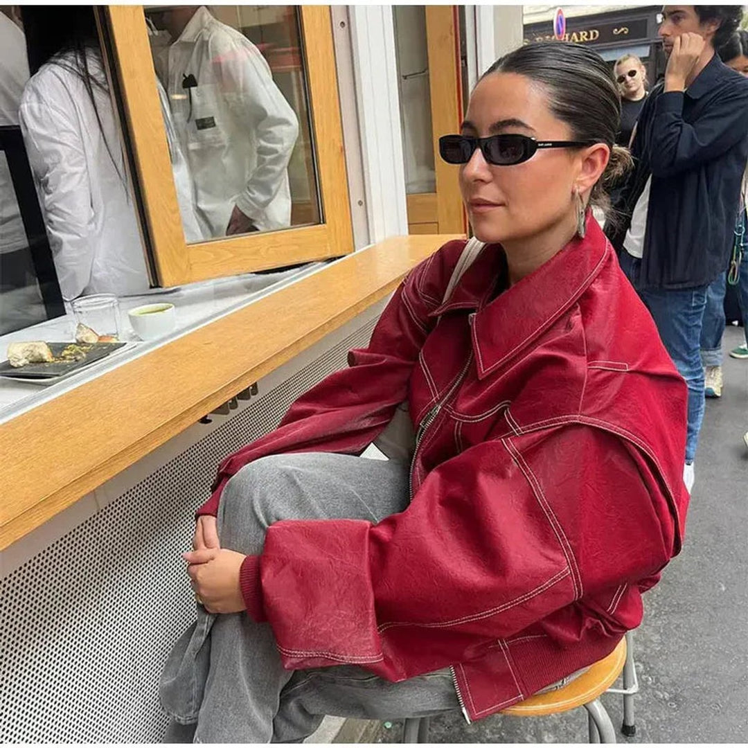 Women's Oversized Bomber Jacket with Contrast Stitching