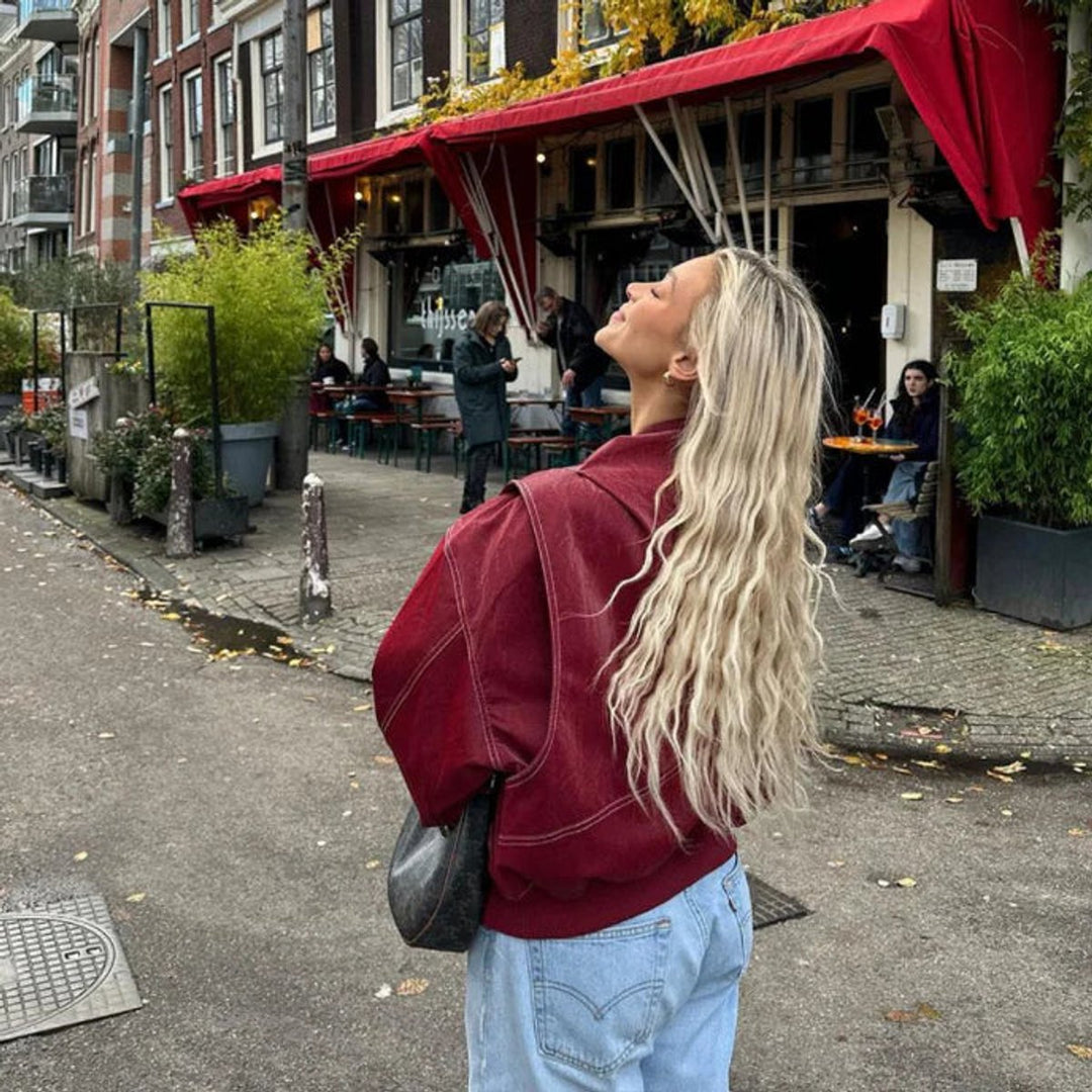 Women's Oversized Bomber Jacket with Contrast Stitching