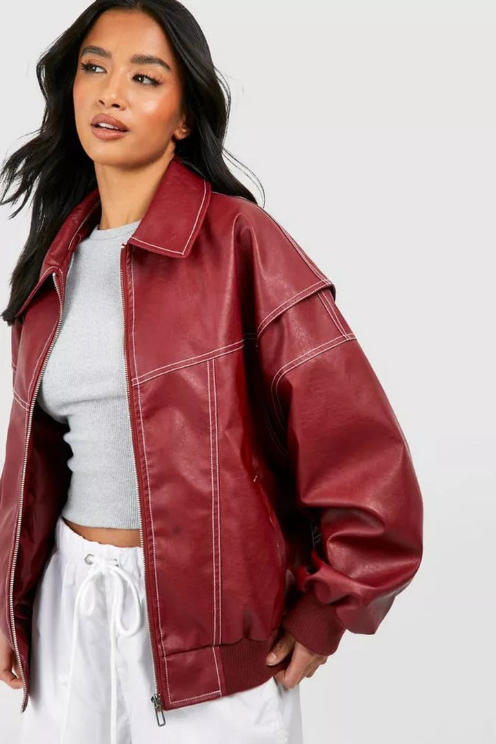 Women's Oversized Bomber Jacket with Contrast Stitching