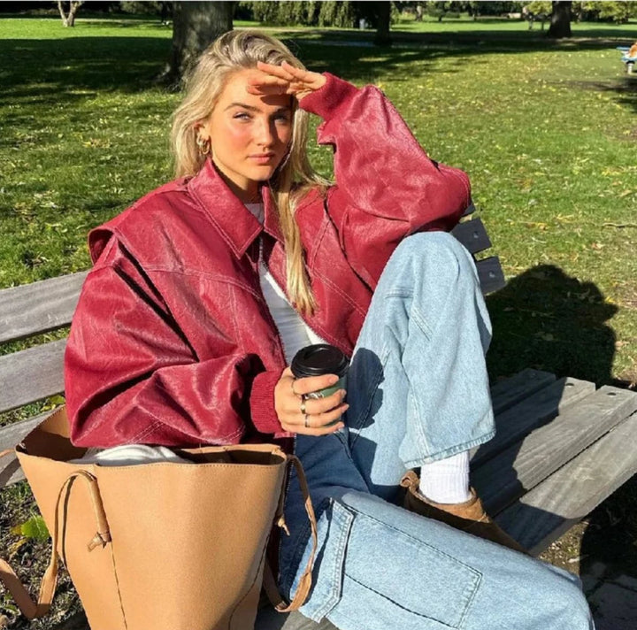 Women's Oversized Bomber Jacket with Contrast Stitching