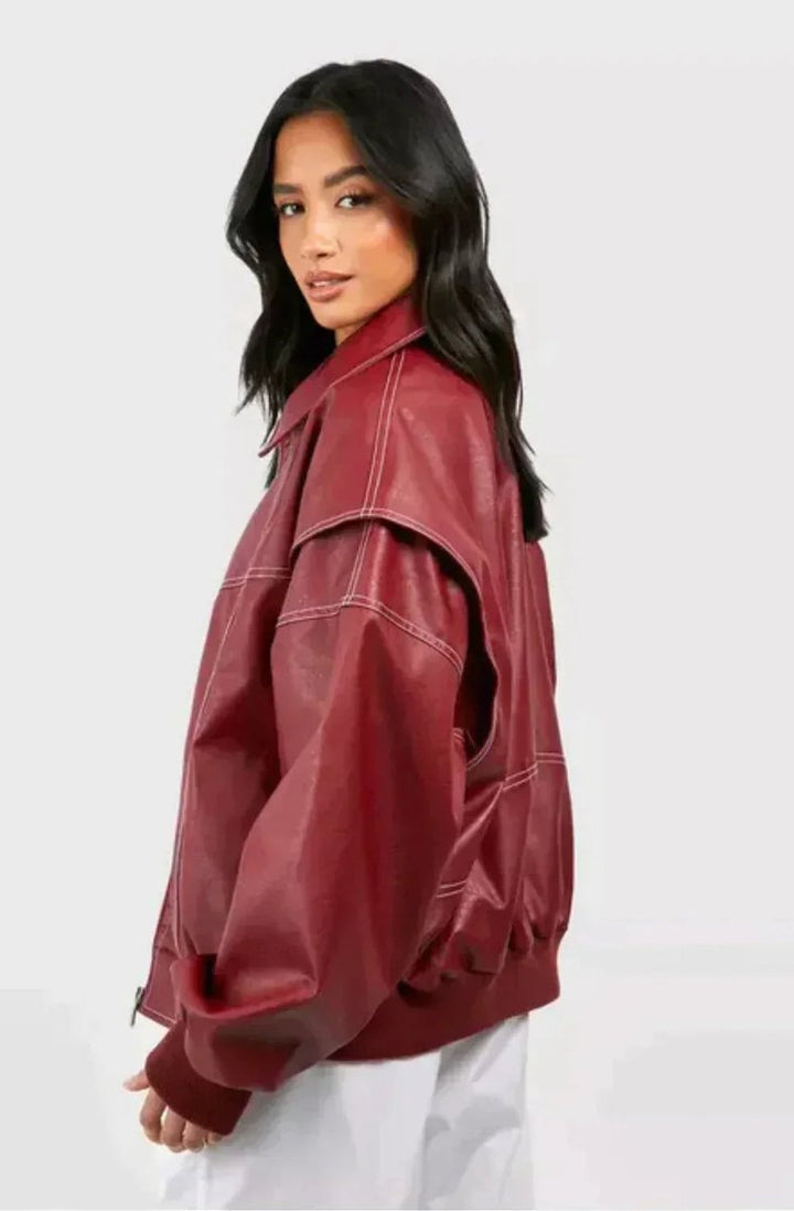Women's Oversized Bomber Jacket with Contrast Stitching