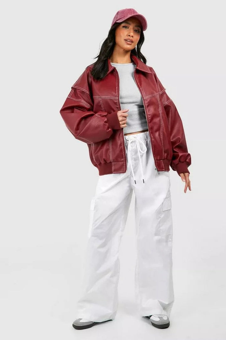 Women's Oversized Bomber Jacket with Contrast Stitching