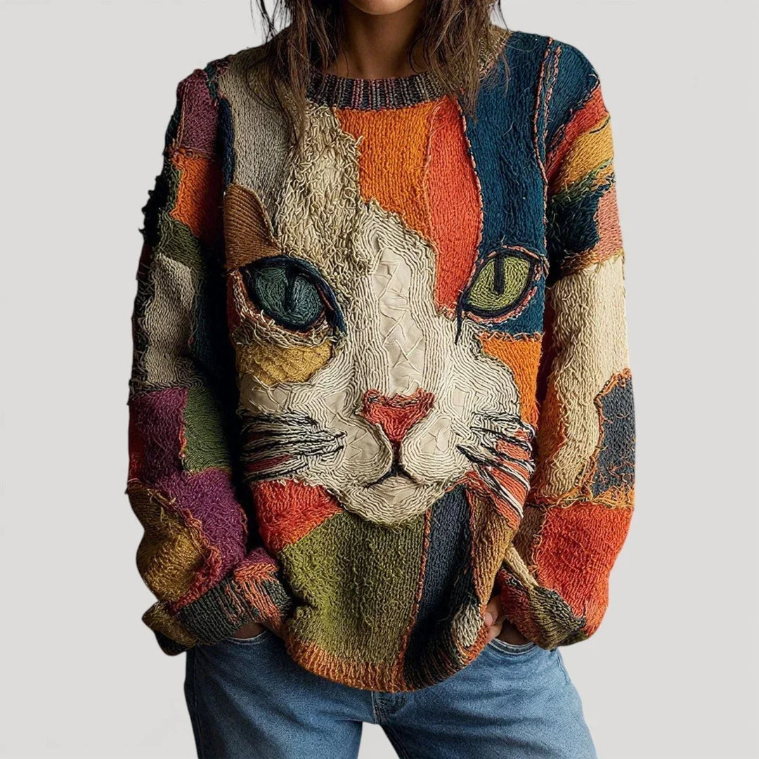 Women's Cat Graphic Knit Sweater in a Relaxed Fit