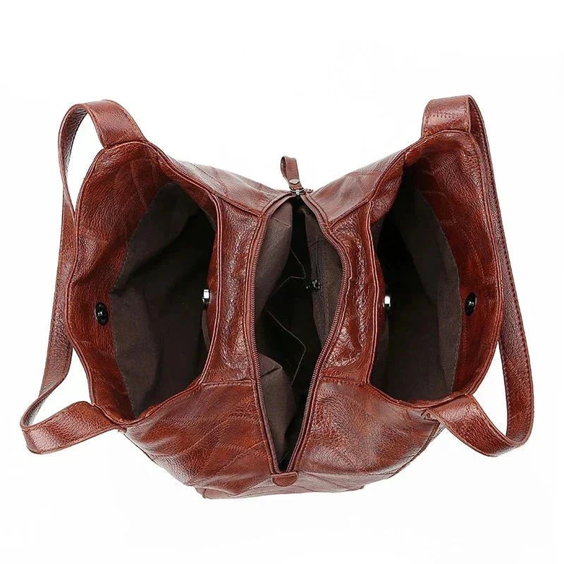 Women's Leather Patchwork Hobo Shoulder Bag with Drawstring Trim