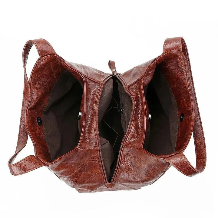Women's Leather Patchwork Hobo Shoulder Bag with Drawstring Trim