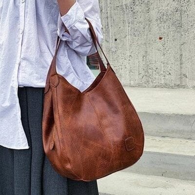 Women's Leather Patchwork Hobo Shoulder Bag with Drawstring Trim