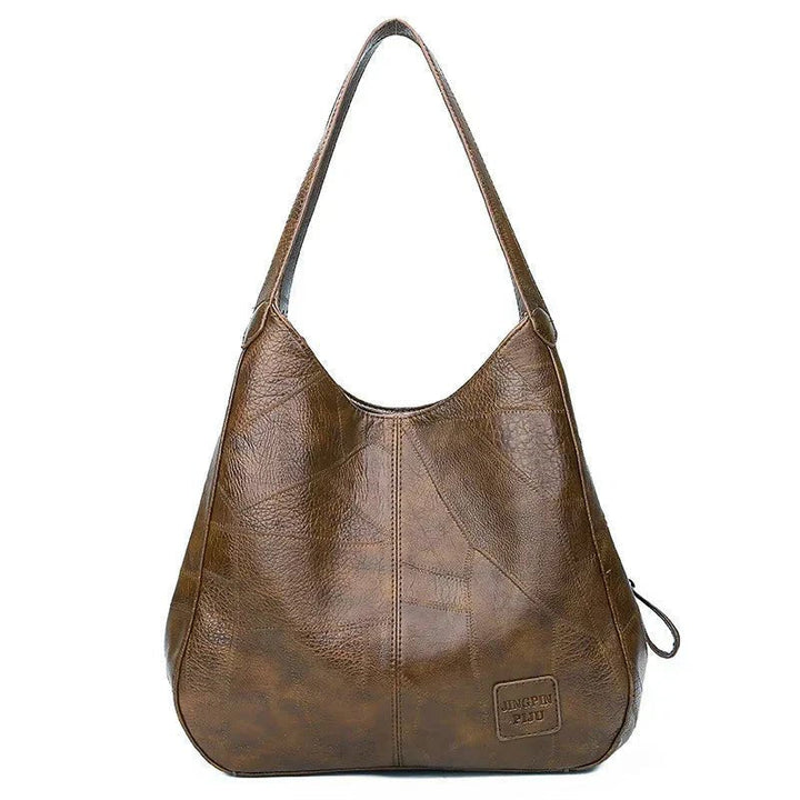 Women's Leather Patchwork Hobo Shoulder Bag with Drawstring Trim