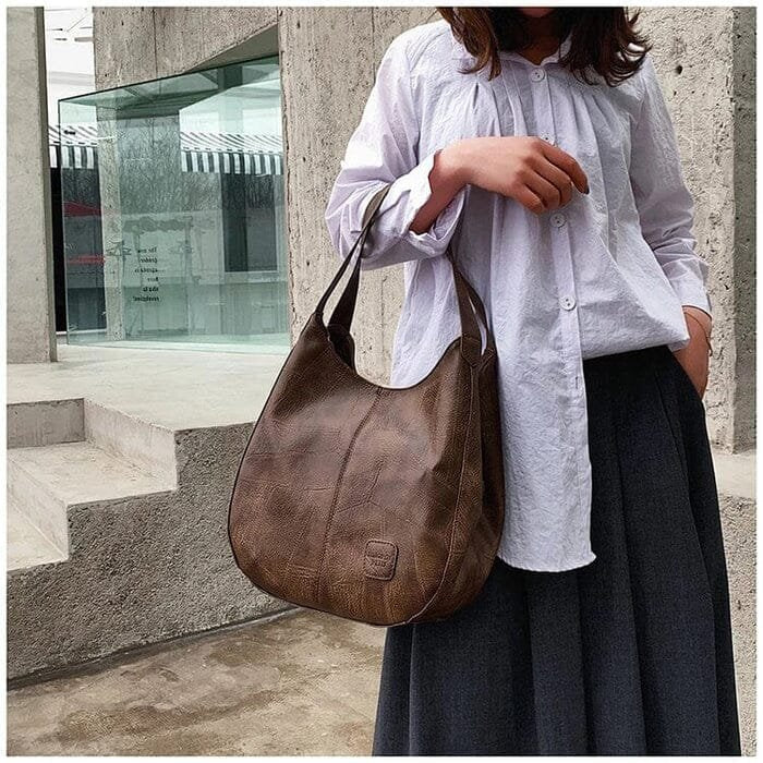 Women's Leather Patchwork Hobo Shoulder Bag with Drawstring Trim