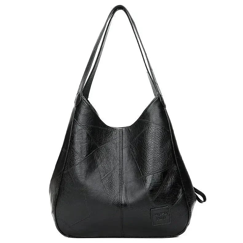 Women's Leather Patchwork Hobo Shoulder Bag with Drawstring Trim