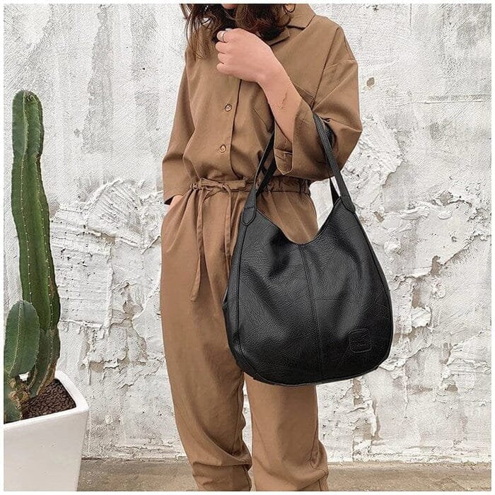 Women's Leather Patchwork Hobo Shoulder Bag with Drawstring Trim