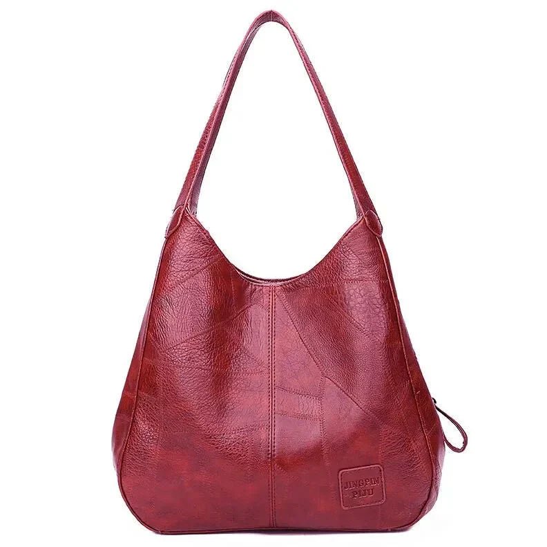 Women's Leather Patchwork Hobo Shoulder Bag with Drawstring Trim