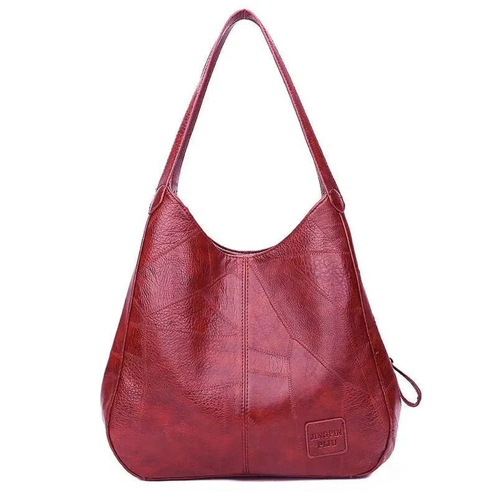 Women's Leather Patchwork Hobo Shoulder Bag with Drawstring Trim
