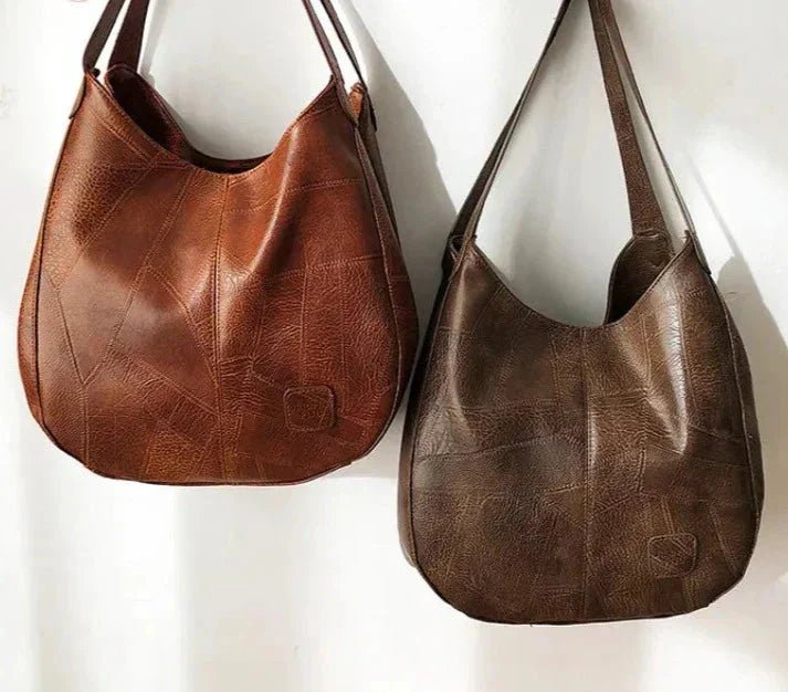 Women's Leather Patchwork Hobo Shoulder Bag with Drawstring Trim