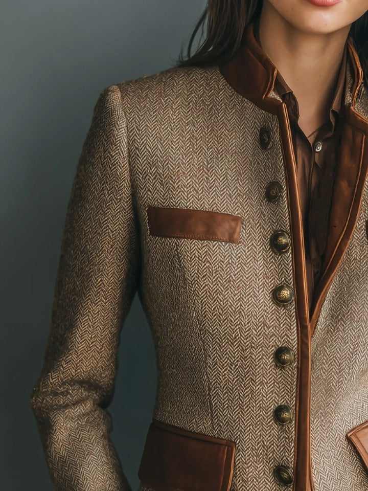 Women's Herringbone Tweed Blazer with Leather-Trim Detailing