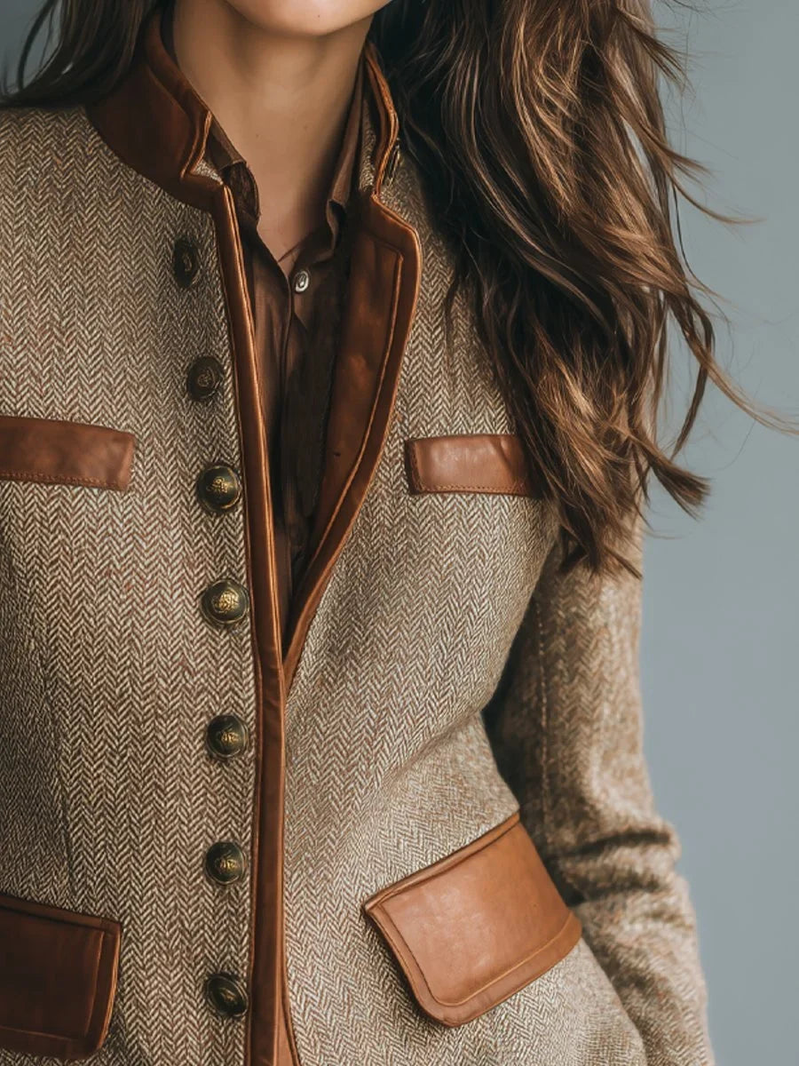 Women's Herringbone Tweed Blazer with Leather-Trim Detailing