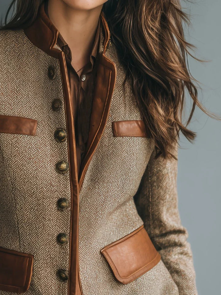 Women's Herringbone Tweed Blazer with Leather-Trim Detailing