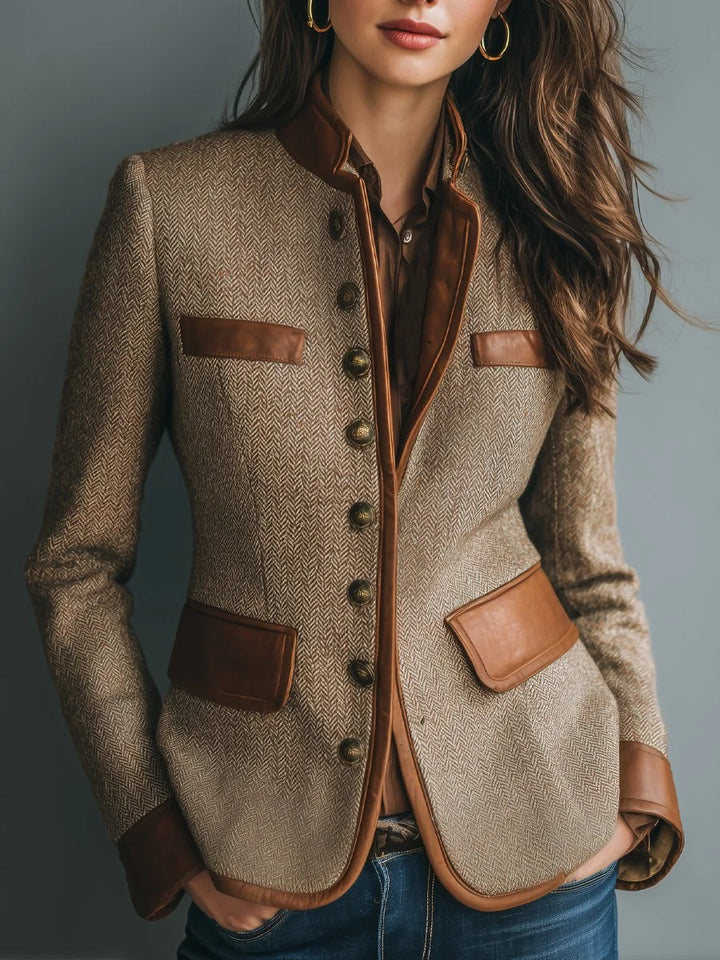 Women's Herringbone Tweed Blazer with Leather-Trim Detailing