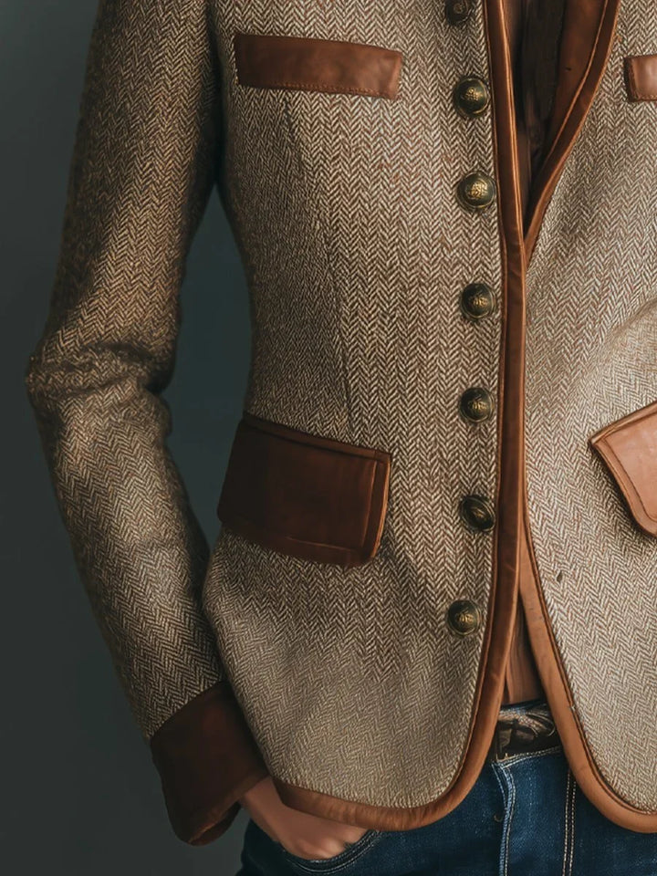 Women's Herringbone Tweed Blazer with Leather-Trim Detailing