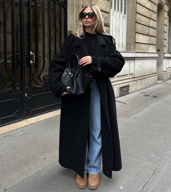 Women's Oversized Belted Trench Coat with Wide Lapel