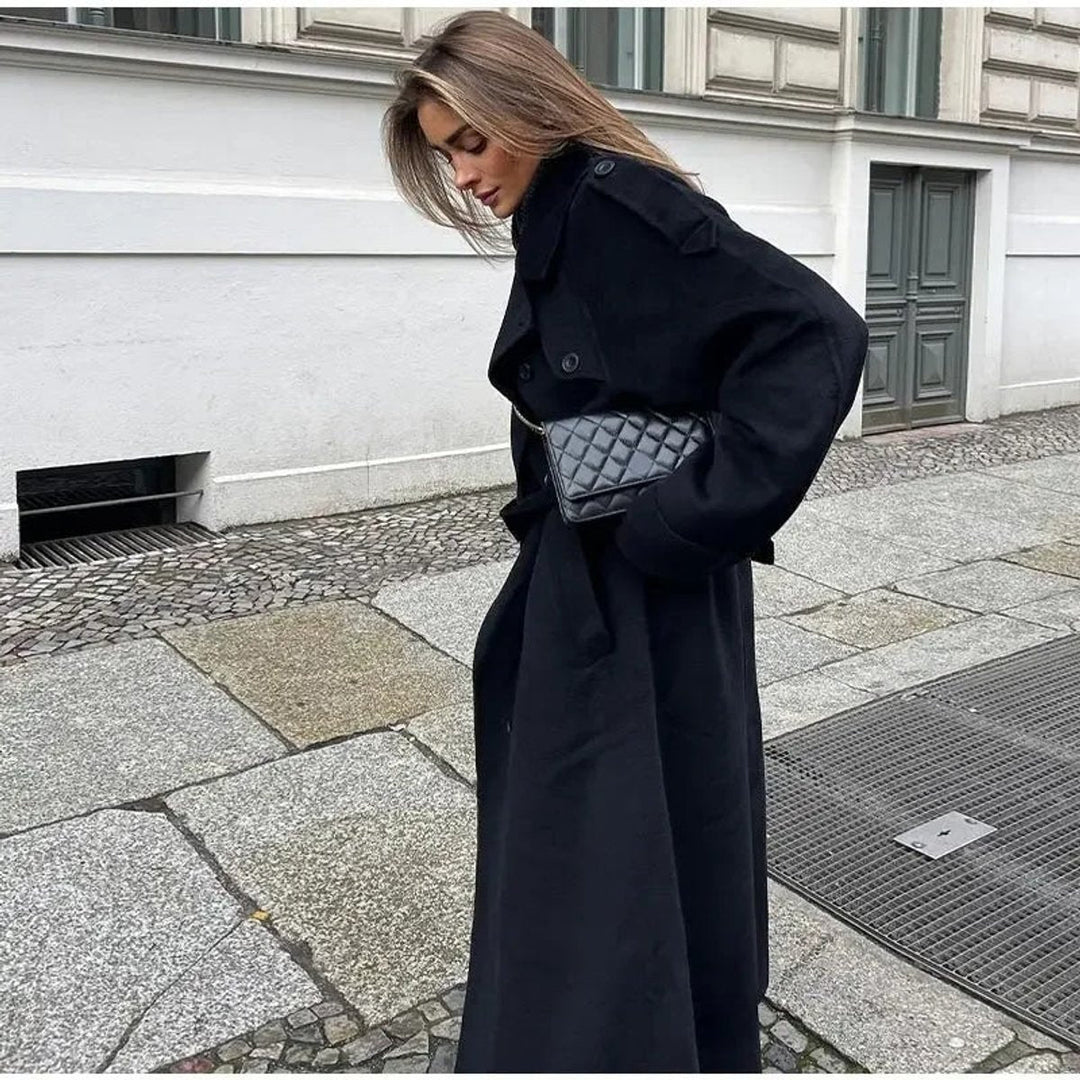 Women's Oversized Belted Trench Coat with Wide Lapel