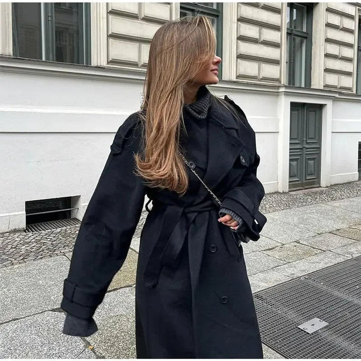 Women's Oversized Belted Trench Coat with Wide Lapel