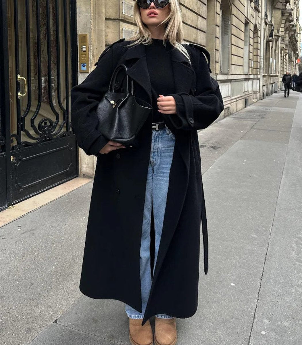 Women's Oversized Belted Trench Coat with Wide Lapel