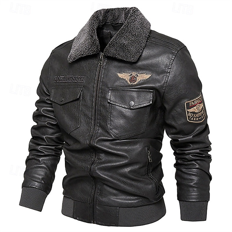 Blouson d’aviateur en cuir pour homme, avec col en fausse fourrure