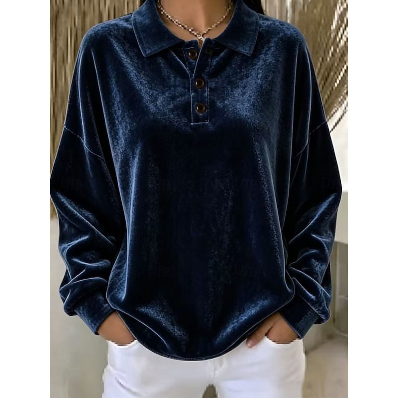Women's Velvet Collared Top with Button Placket