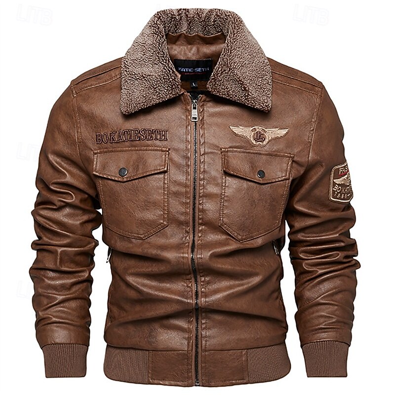 Blouson d’aviateur en cuir pour homme, avec col en fausse fourrure