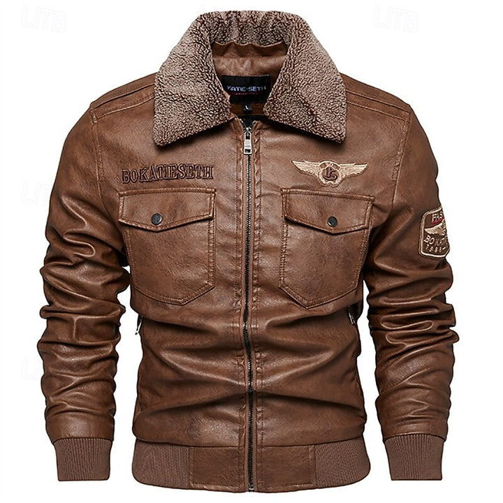 Blouson d’aviateur en cuir pour homme, avec col en fausse fourrure