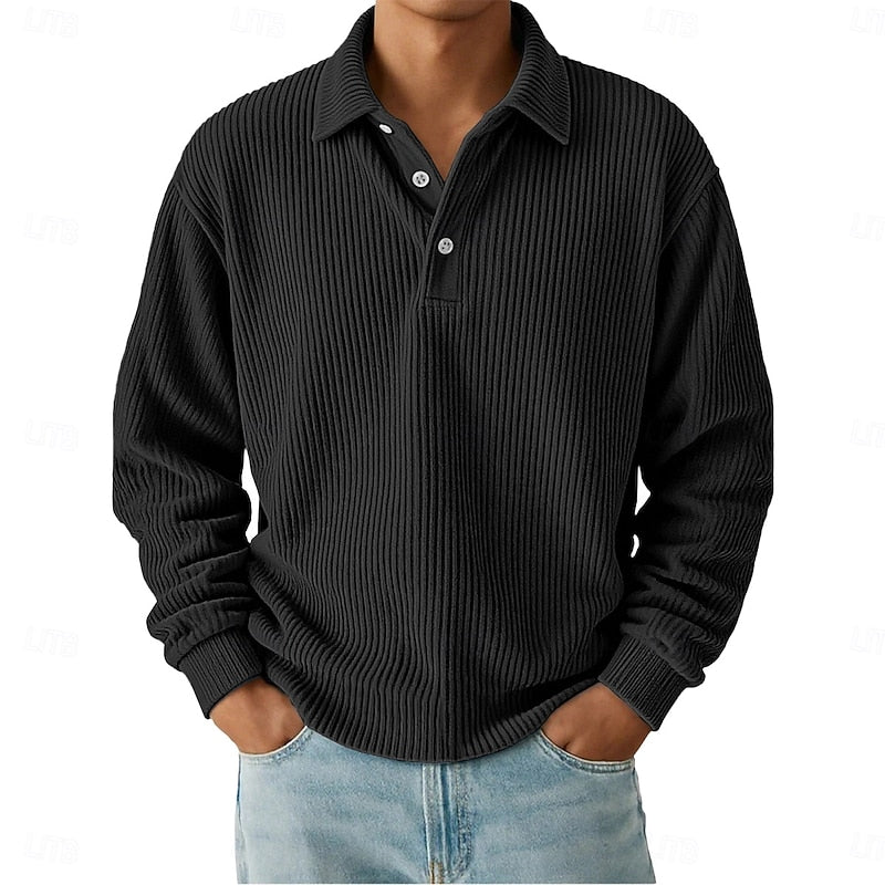 Men's Ribbed Knit Polo Shirt with Button Placket