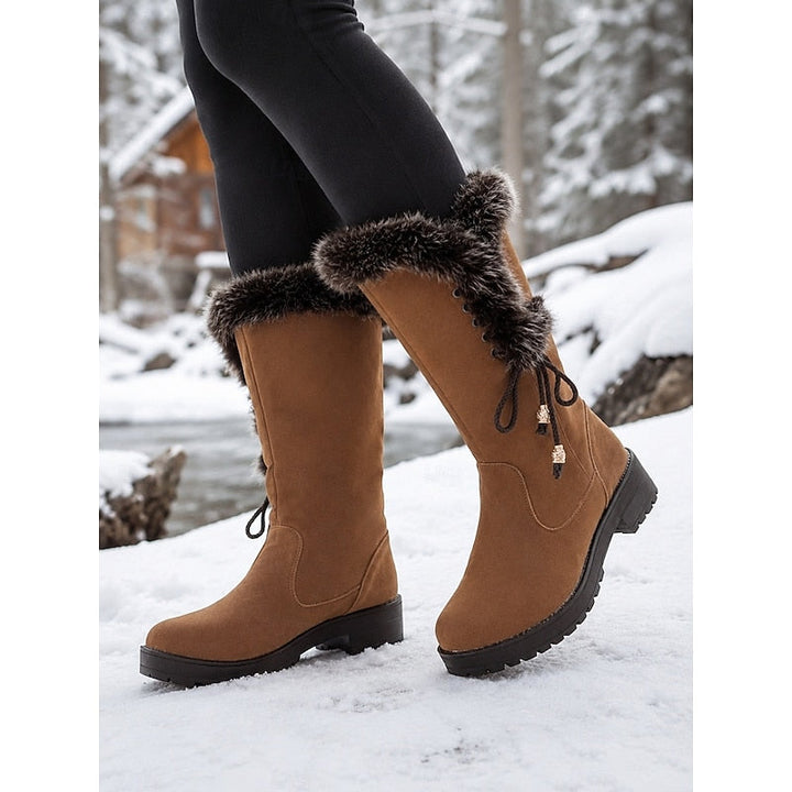 Bottes d’hiver pour femme montant jusqu’au genou, bordées de fourrure, avec détail de laçage