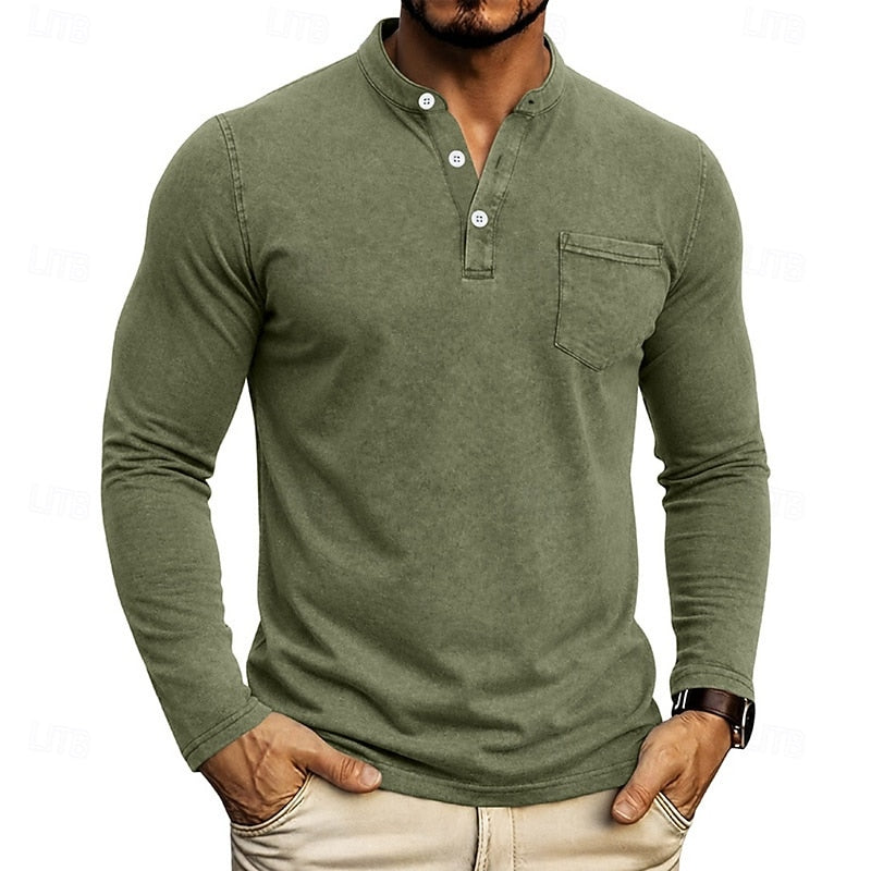 Men's Long Sleeve Henley with Chest Pocket