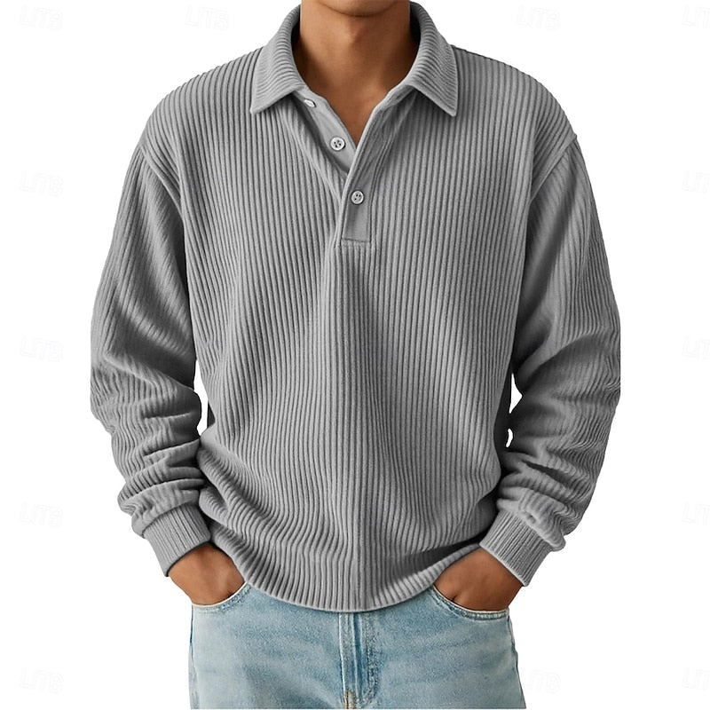 Men's Ribbed Knit Polo Shirt with Button Placket
