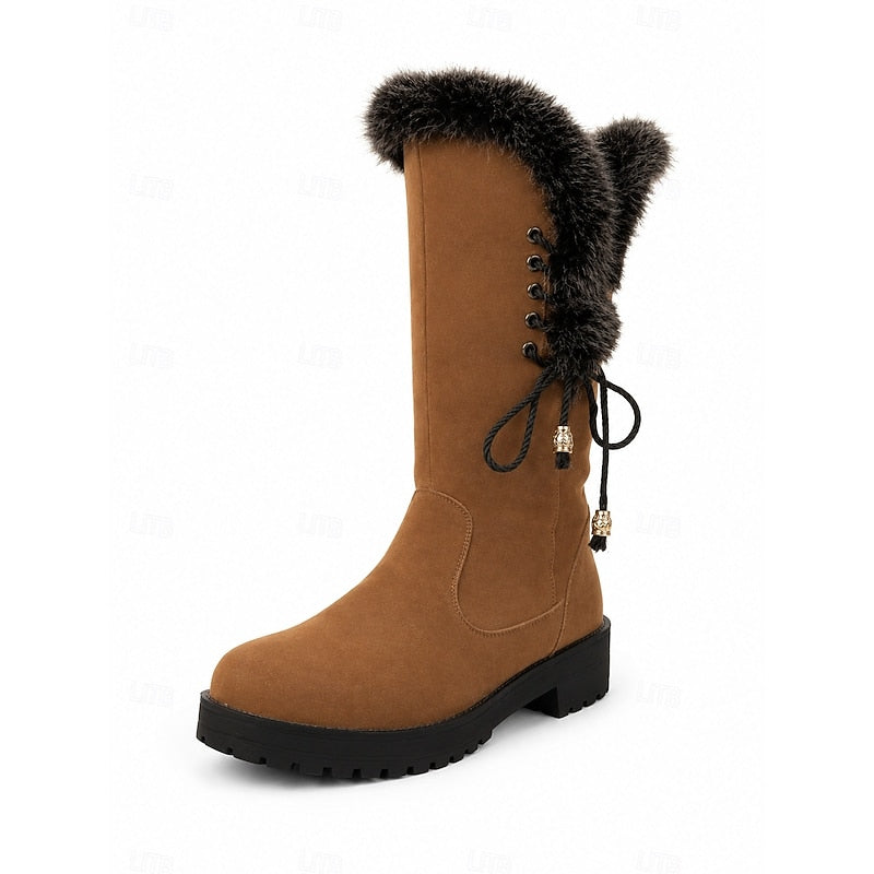 Bottes d’hiver pour femme montant jusqu’au genou, bordées de fourrure, avec détail de laçage