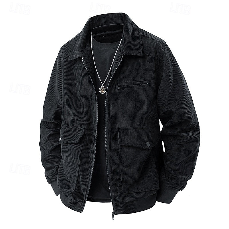 Men's Corduroy Zip-Up Jacket with Flap Pockets