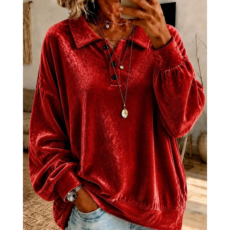 Women's Velvet Collared Top with Button Placket