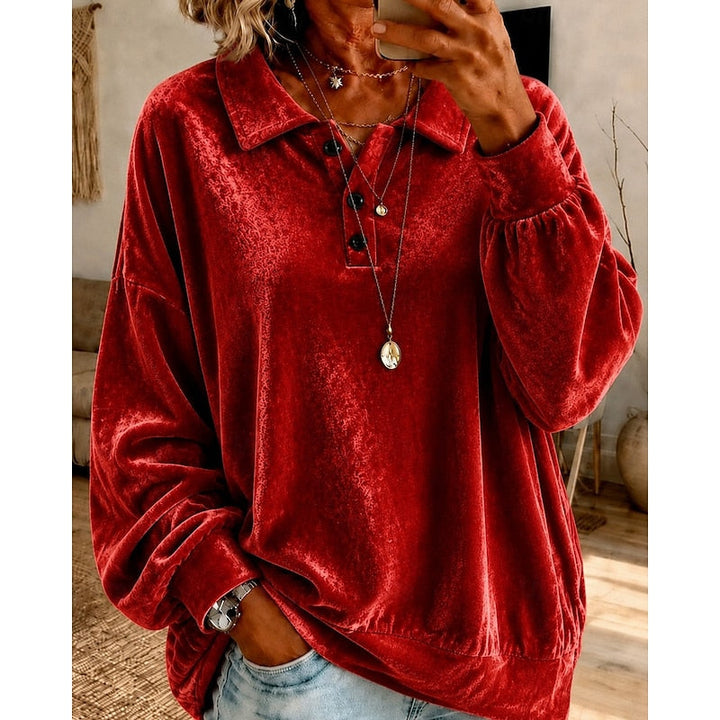 Women's Velvet Collared Top with Button Placket