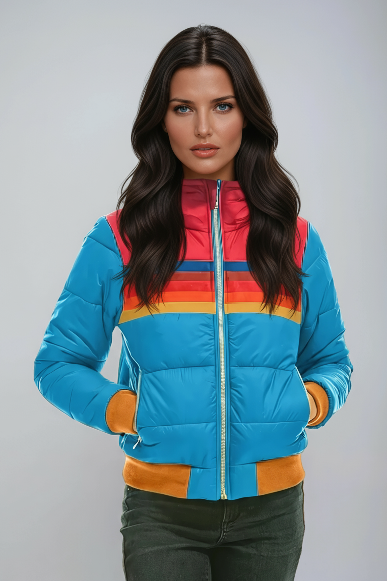 Women's Striped Panel Puffer Jacket with Ribbed Cuffs