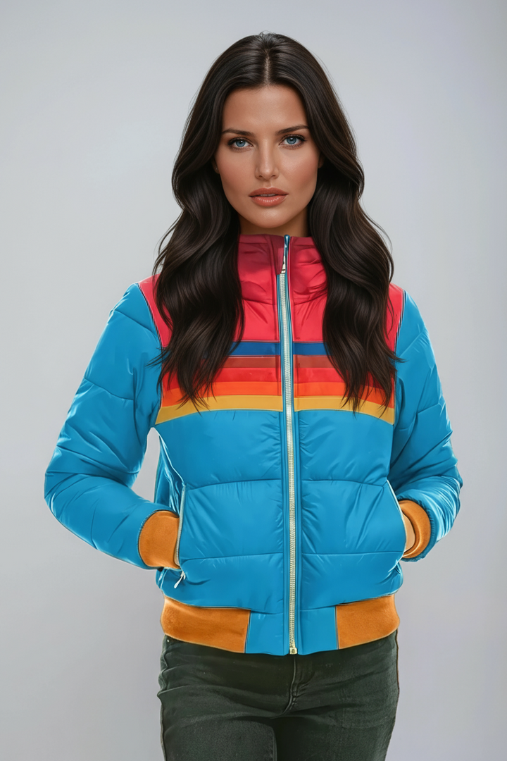 Women's Striped Panel Puffer Jacket with Ribbed Cuffs
