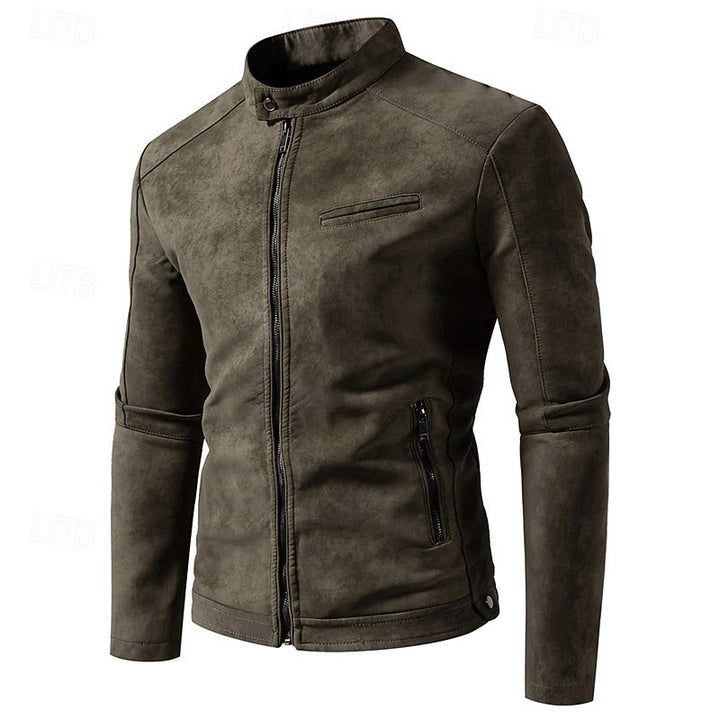 Men's Faux Leather Biker Jacket with Stand Collar